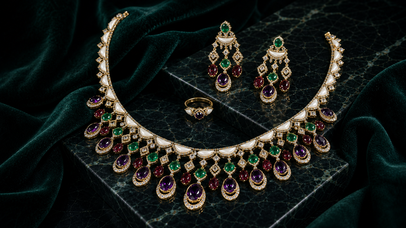 Colored high jewelry suite with brilliant diamond accents on emerald marble