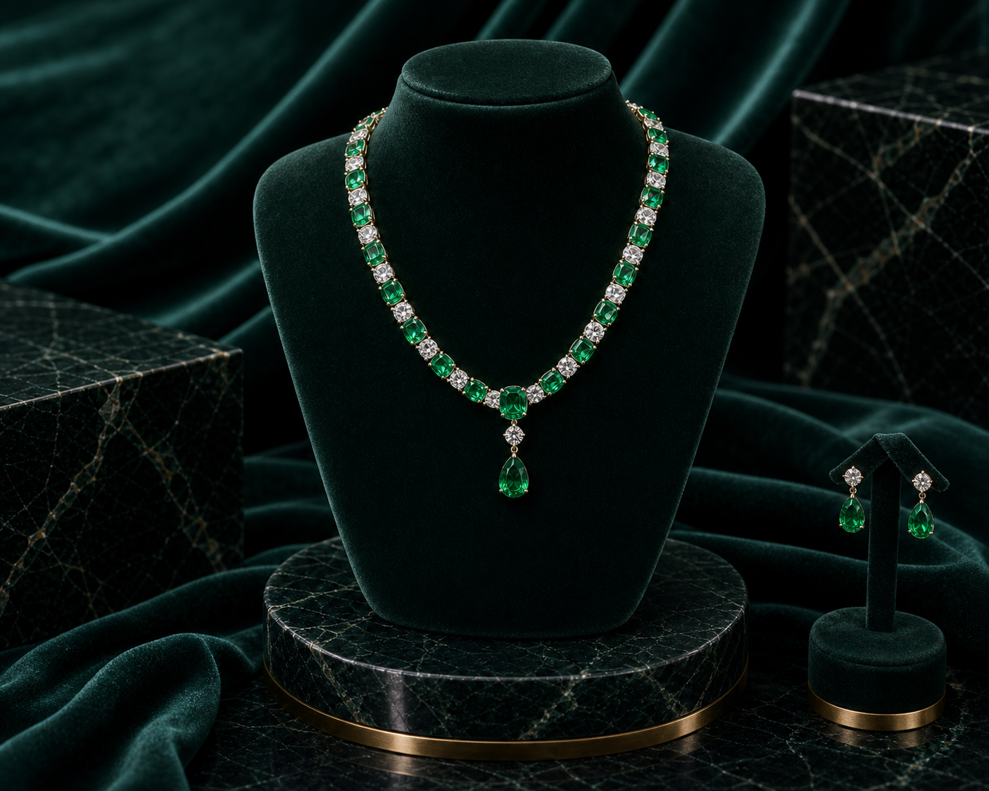 Emerald and diamond necklace on a custom emerald velvet and marble stand