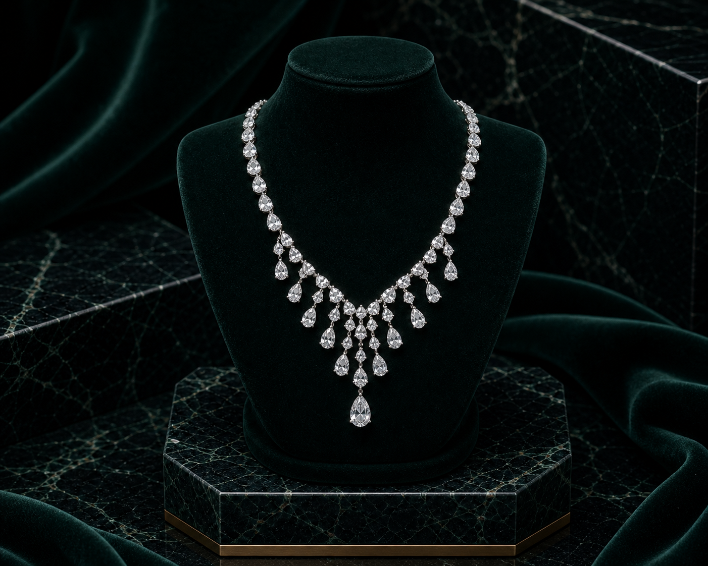 Pear brilliant diamond necklace on a custom emerald velvet and marble stand