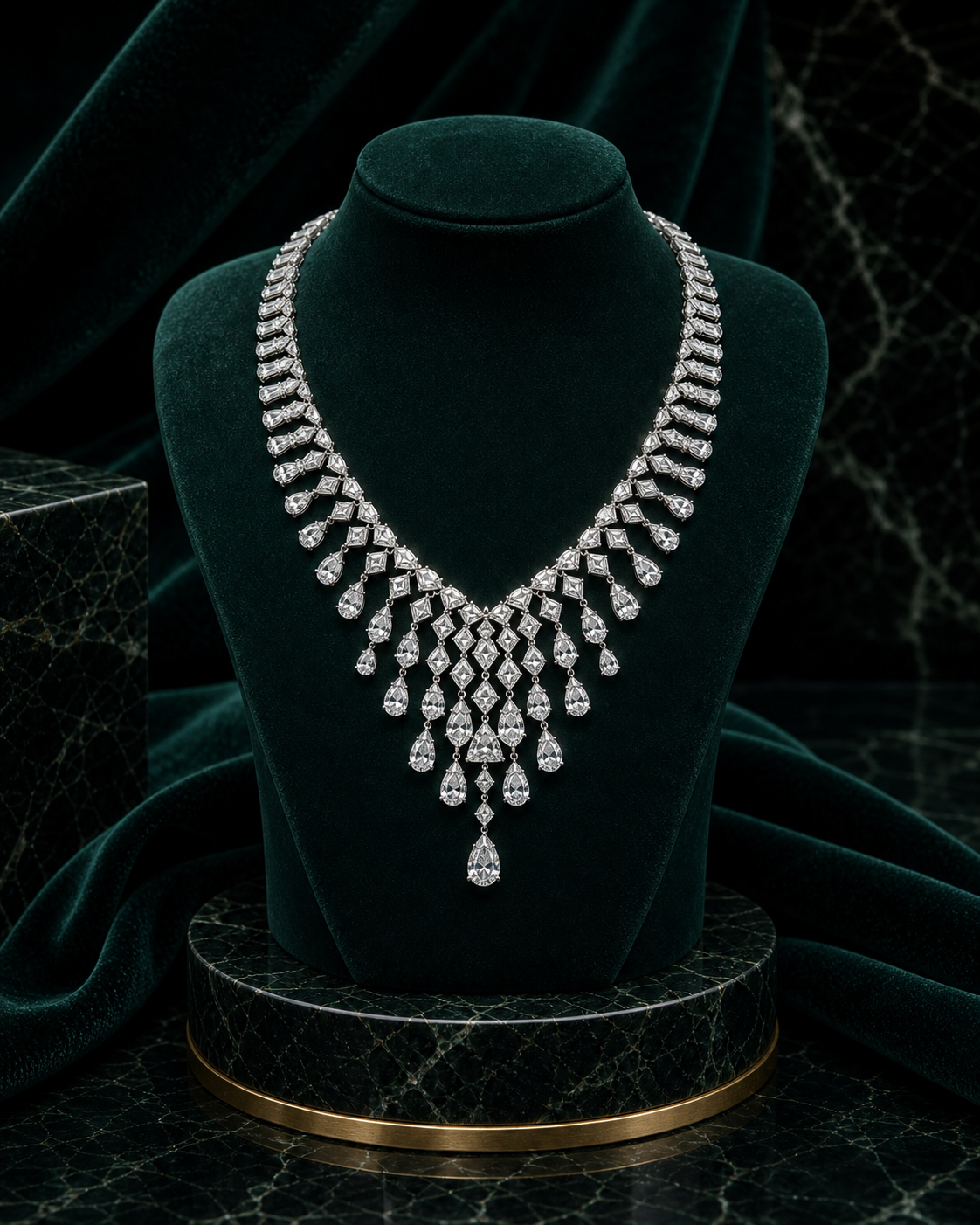 Waterfall brilliant diamond necklace on a custom emerald velvet and marble stand