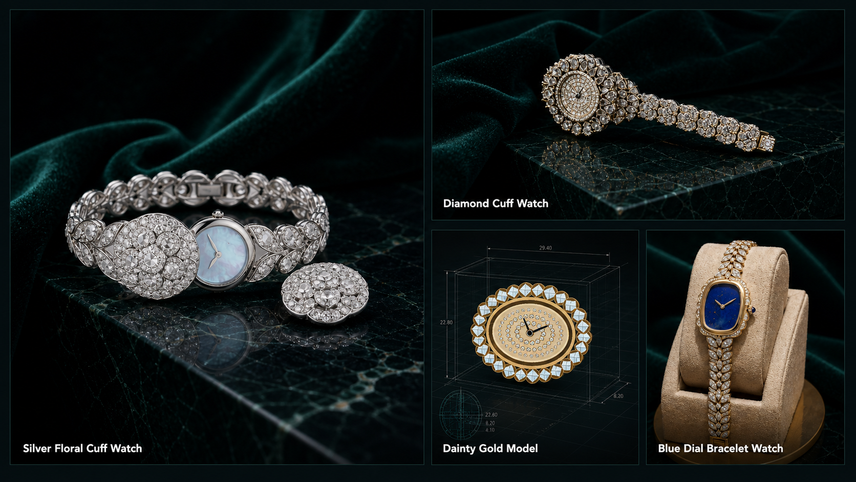 Luxury studio presentation of Almas Jamil watch directions, including a floating CAD view of the dainty gold model